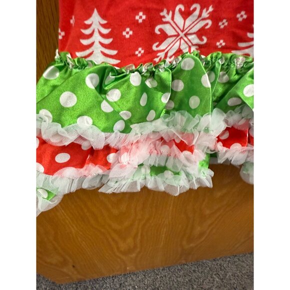 Girls Christmas Ruffle Long-Sleeve Dress With Festive Tree Patchwork & Polka Dot - Picture 4 of 5